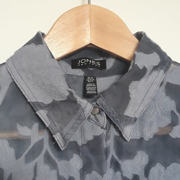 Jones New York Sleeveless Shirt, Semi-Sheer with Floral Pattern, Blue, Sz. M - Picture 3 of 10